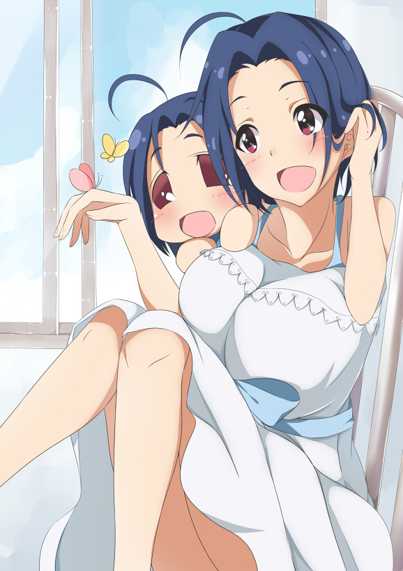 :d ahoge blue_hair breasts brown_eyes bug butterfly chibi dress hitotsuki_nanoka idolmaster idolmaster_(classic) insect large_breasts miura-san miura_azusa multiple_girls open_mouth puchimasu! short_hair sitting smile