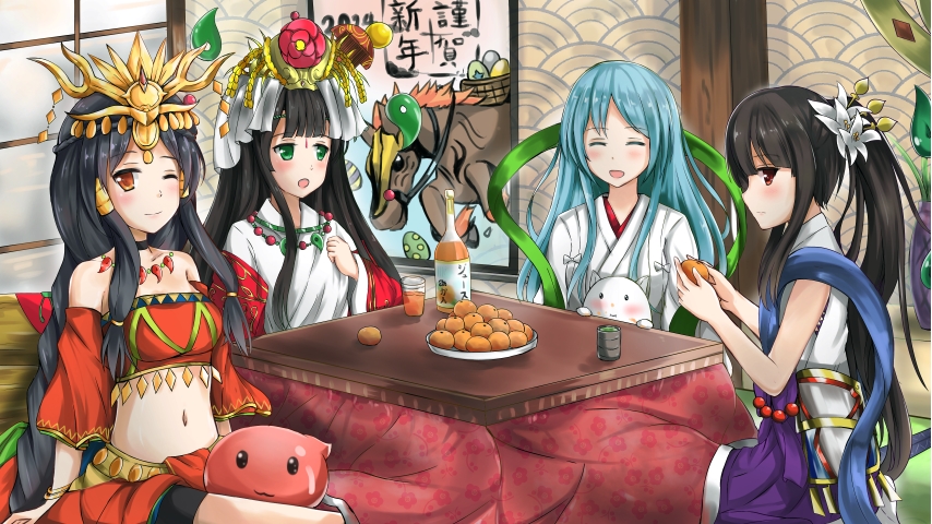 amaterasu_(p&amp;d) ame_no_uzume_(p&amp;d) aqua_hair bad_id bad_pixiv_id bare_shoulders black_hair bottle cup drink flamie_(p&amp;d) food fruit green_eyes green_tea hair_ornament hat konka kotatsu kushinada_(p&amp;d) long_hair looking_at_viewer mandarin_orange multiple_girls navel no_hat no_headwear one_eye_closed orange_eyes ponytail puzzle_&amp;_dragons red_eyes sideways_glance smile table tamadra tea yomi_(p&amp;d) yunomi