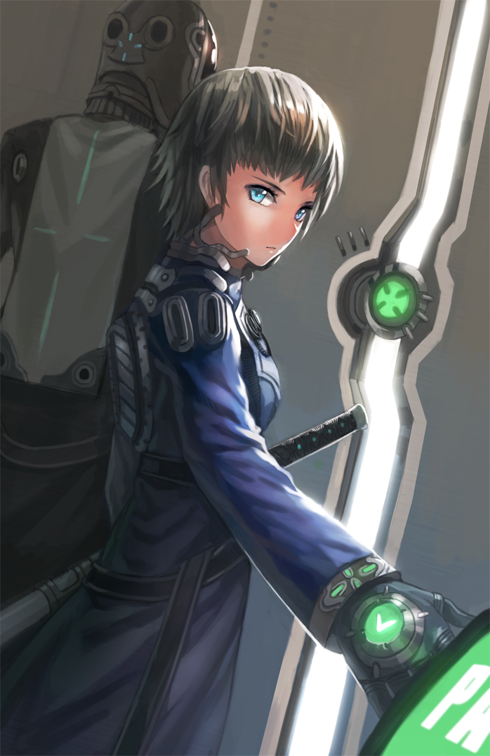 1girl bad_id bad_pixiv_id blue_eyes gauntlets grey_hair katana kfr original science_fiction short_hair sword weapon