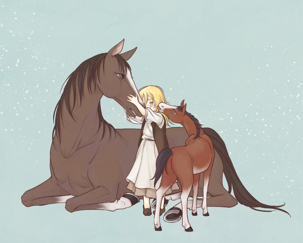 animal blonde_hair child christa_renz closed_eyes commentary_request dress full_body horse mane shingeki_no_kyojin standing tanpi tears touching vest younger