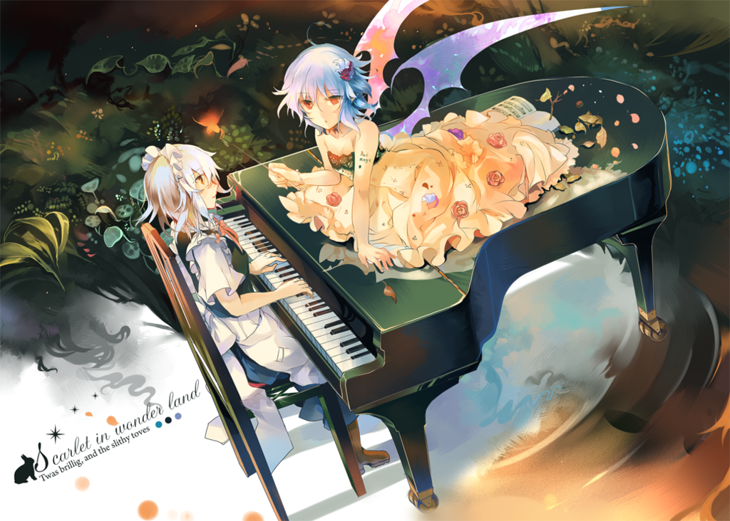 apron bare_shoulders bat_wings blue_hair chair dress instrument izayoi_sakuya kirero maid maid_apron maid_headdress multiple_girls music no_hat no_headwear piano playing_instrument red_eyes remilia_scarlet short_hair silver_hair text_focus touhou wings
