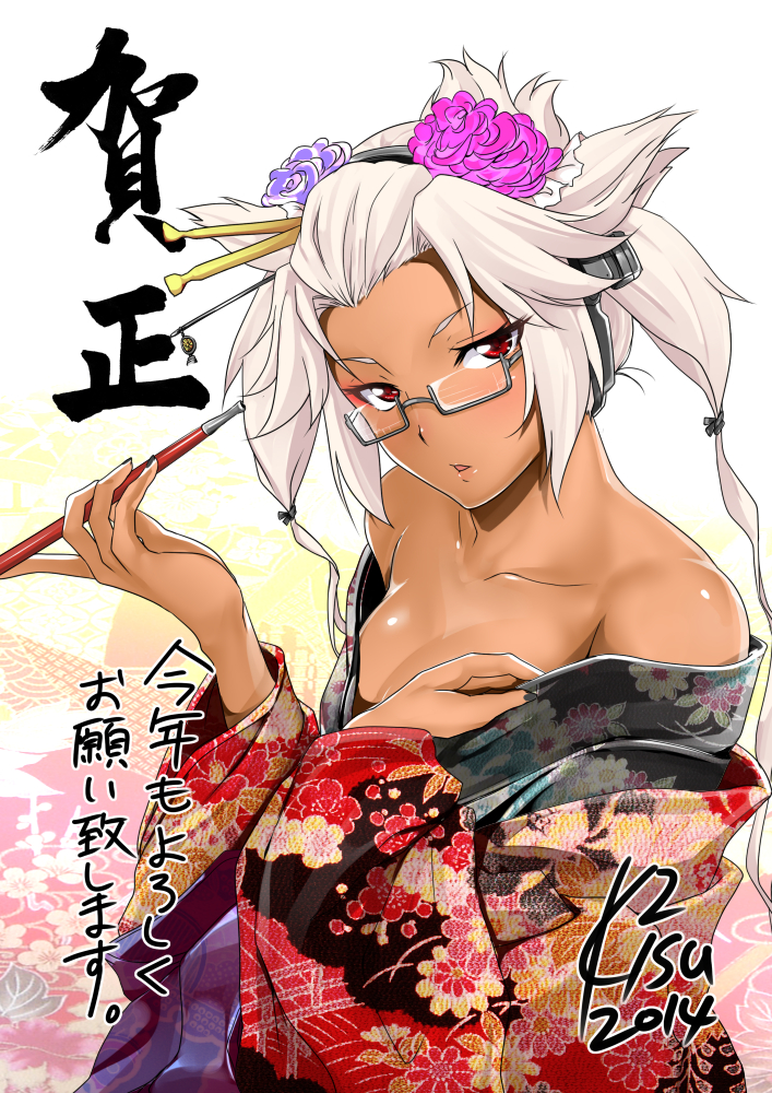 2014 alternate_costume alternate_hairstyle bare_shoulders blush breasts cleavage dark_skin flower glasses hair_flower hair_ornament headgear k2isu kantai_collection kiseru long_hair looking_at_viewer medium_breasts musashi_(kantai_collection) new_year open_mouth parted_lips pipe pointy_hair red_eyes semi-rimless_eyewear shiny shiny_skin solo translation_request white_hair