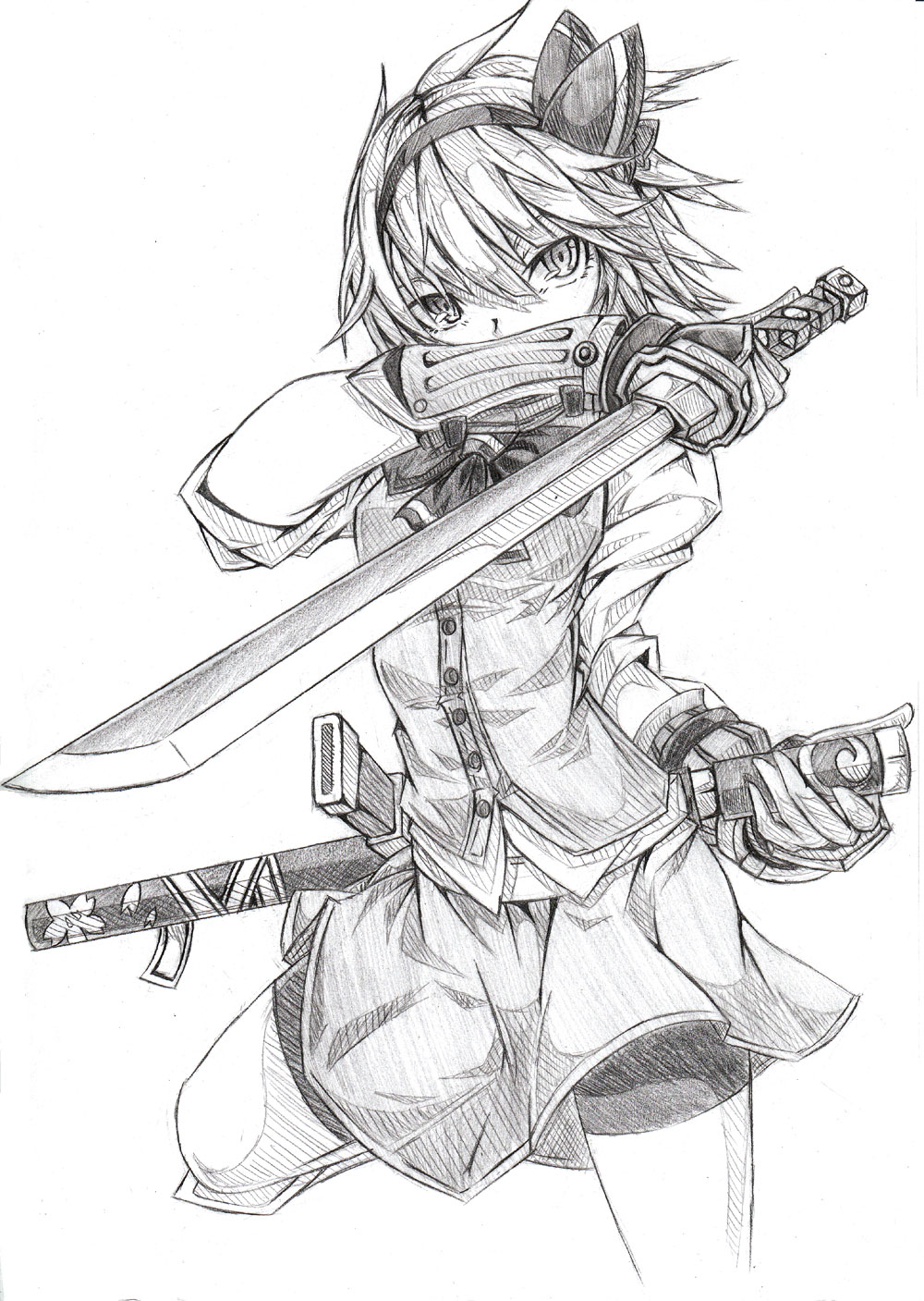 bow gauntlets hair_bow highres katana konpaku_youmu monochrome pcs_shousa solo sword touhou weapon
