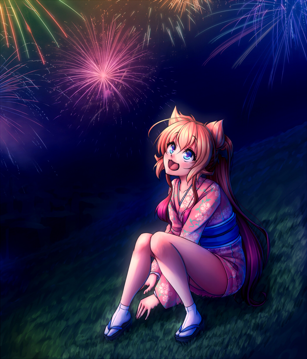 ahoge andou_mirai animal_ears blue_eyes blush brown_hair fireworks highres itsuka_tenma_no_kuro_usagi japanese_clothes kimono long_hair monorus night night_sky open_mouth sandals sky solo tabi yukata