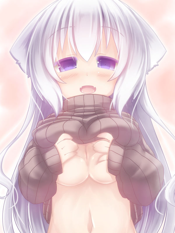 bad_id bad_pixiv_id blush breasts clothes_lift fangs large_breasts long_hair looking_at_viewer navel nightmare_cat open_mouth original purple_eyes ribbed_sweater shirt_lift solo sweater sweater_lift turtleneck white_hair