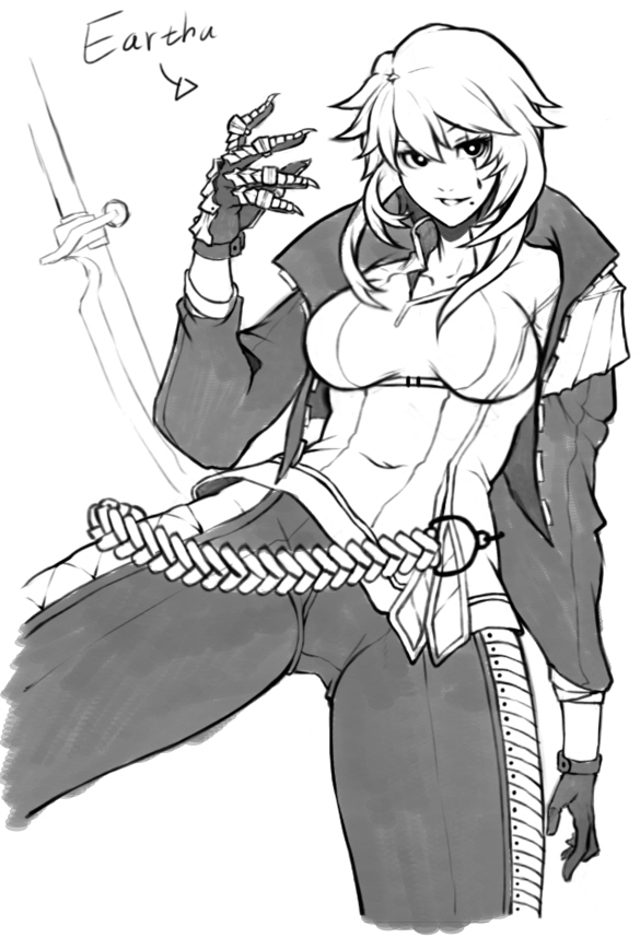 bad_id bad_pixiv_id belt breasts chain_necklace character_name cropped_jacket eartha_(jjune) facial_tattoo faulds gloves greyscale jacket jjune large_breasts mole mole_under_mouth monochrome original pants sketch skindentation solo sword tattoo weapon