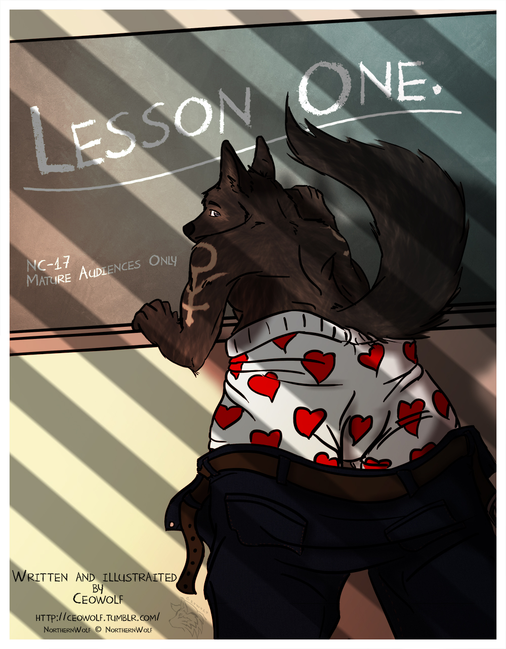 canine ceowolf ceowolf_evandean comic comic_cover cursed_wolf_commissions fox heart_boxers jake lesson_one male mammal northernwolf student teacher title_page wolf
