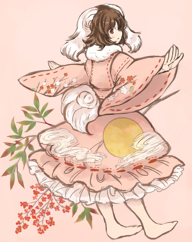 adapted_costume animal_ears barefoot brown_hair bunny_ears dress floral_print inaba_tewi inazakura00 long_sleeves looking_at_viewer looking_back outstretched_arms pink_background pink_dress red_eyes solo spread_arms touhou wide_sleeves
