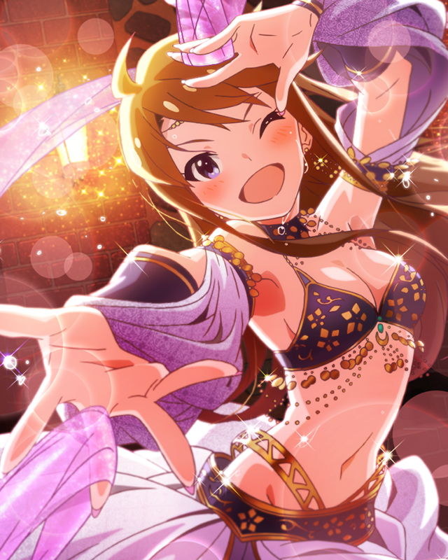 ;d ahoge armlet blue_eyes blush breasts brown_hair cleavage earrings idolmaster idolmaster_million_live! jewelry long_hair looking_at_viewer medium_breasts necklace official_art one_eye_closed open_mouth smile tokoro_megumi
