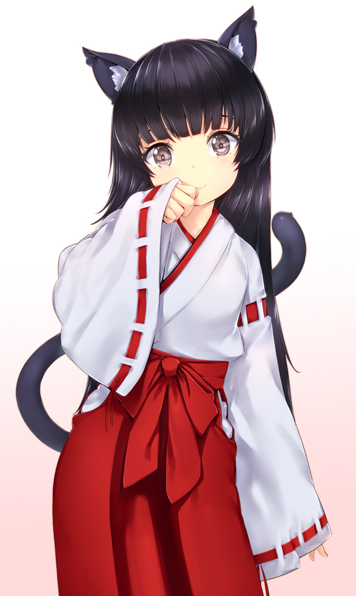 animal_ears black_eyes black_hair cat_ears cat_tail character_request gradient gradient_background hakama japanese_clothes long_hair miko red_hakama simple_background sleeves_past_wrists smile solo tail wide_sleeves zizi_(zz22)