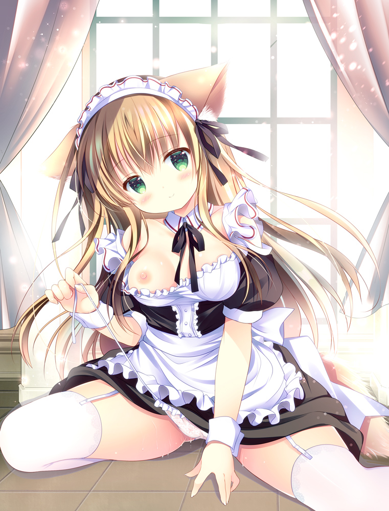 1girl animal_ear_fluff animal_ears apron bangs black_dress black_ribbon blush breasts brown_hair closed_mouth commentary_request curtains detached_collar dog_ears dog_girl dog_tail dress eyebrows_visible_through_hair fingernails frilled_apron frills green_eyes hair_between_eyes hair_ribbon head_tilt long_hair maid maid_headdress medium_breasts neck_ribbon nipples one_breast_out original panties puffy_short_sleeves puffy_sleeves ribbon shirogane_hina short_sleeves side-tie_panties smile solo spread_legs tail thighhighs tile_floor tiles underwear untied untied_panties very_long_hair waist_apron white_apron white_collar white_legwear white_panties window wrist_cuffs