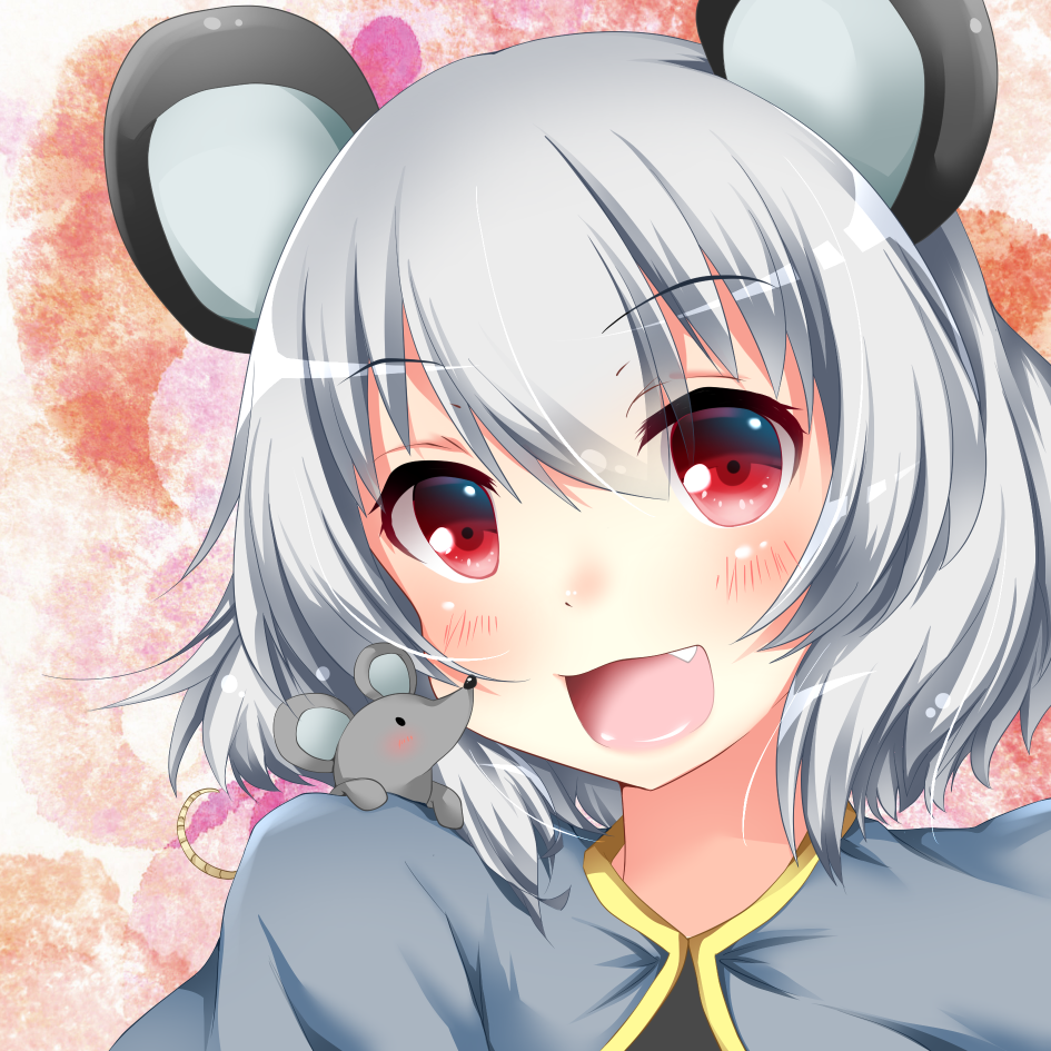 animal animal_ears capelet face fang grey_hair looking_at_viewer miy@ mouse mouse_ears nazrin open_mouth red_eyes smile solo touhou upper_body