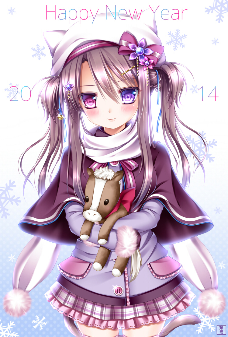 2014 blush brown_hair hair_ornament happy_new_year hat heterochromia new_year original pink_eyes plaid plaid_skirt purple_eyes scarf shitou skirt smile snowflakes solo stuffed_animal stuffed_horse stuffed_toy twintails winter_clothes