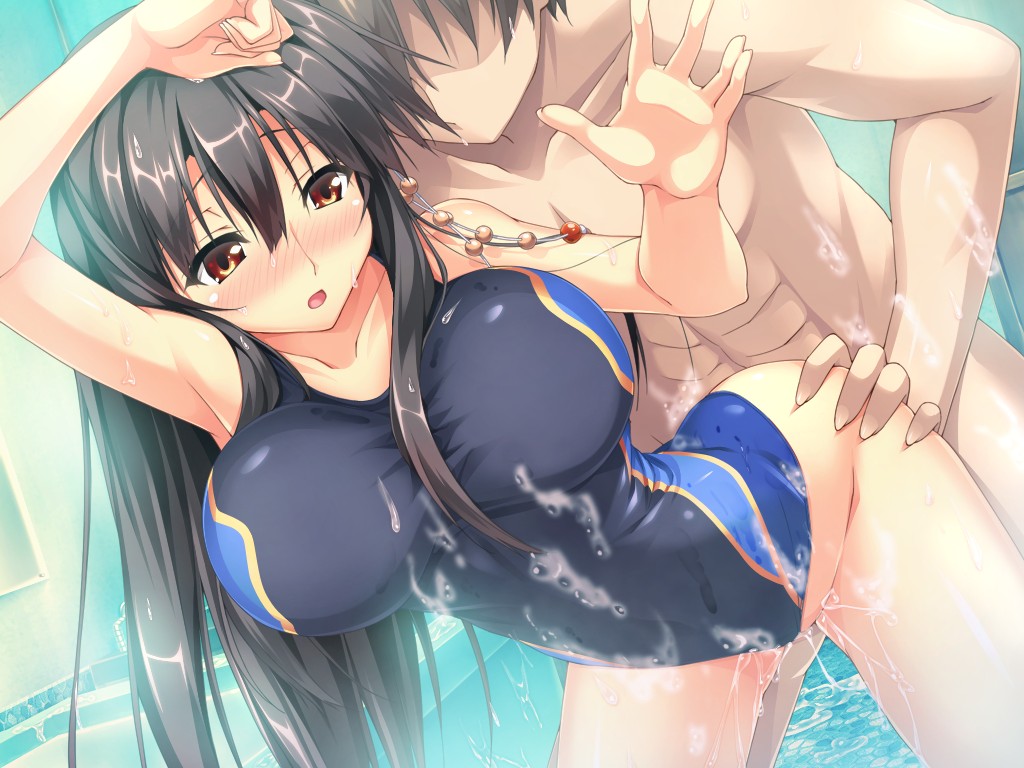 1boy 1girl against_glass aqua_background arched_back bent_over between_breasts black_hair blush breasts brown_eyes clothed_female_nude_male competition_swimsuit doggystyle dutch_angle erect! euphoria_trinity faceless faceless_male game_cg hetero large_breasts long_hair nipples one-piece_swimsuit piromizu pool sex swimsuit trinity_euphoria vaginal wet