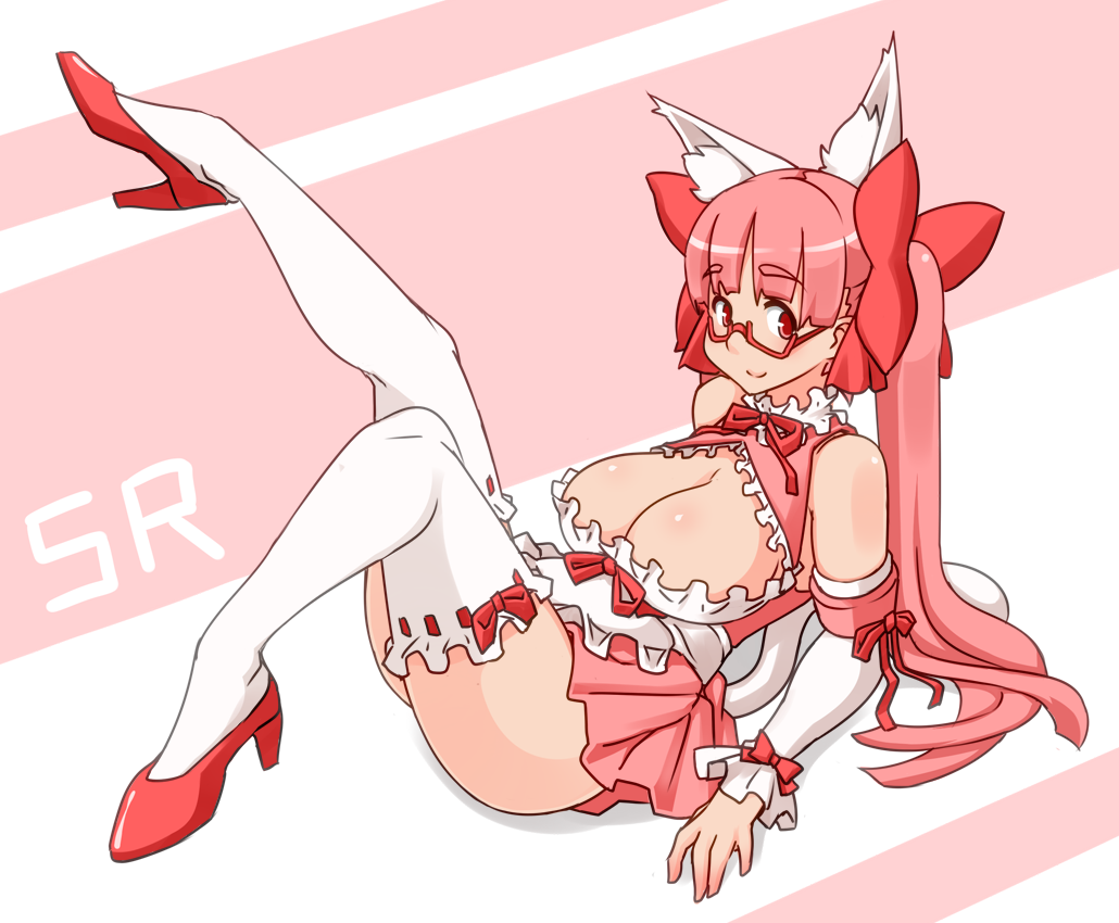 animal_ears bar_shoulders bare_shoulders bow breasts cat_ears cleavage cleavage_cutout detached_sleeves fake_animal_ears female glasses hair_bow hair_ornament hair_ribbon high_heels kaz_(shade) large_breasts legwear long_hair long_twintails looking_at_viewer lying miniskirt no_bra on_back pink_hair red_eyes ribbon semi-rimless_glasses shoes simple_background skirt smile solo srco thighhighs twintails under-rim_glasses white_legwear white_thighhighs