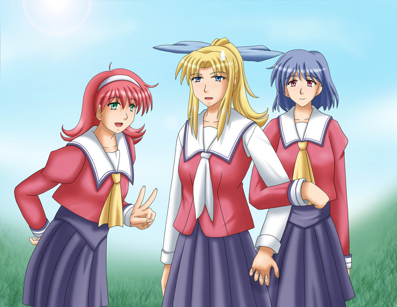 3girls cyborg_009 long_hair multiple_girls school_uniform sentihistory serafuku skirt