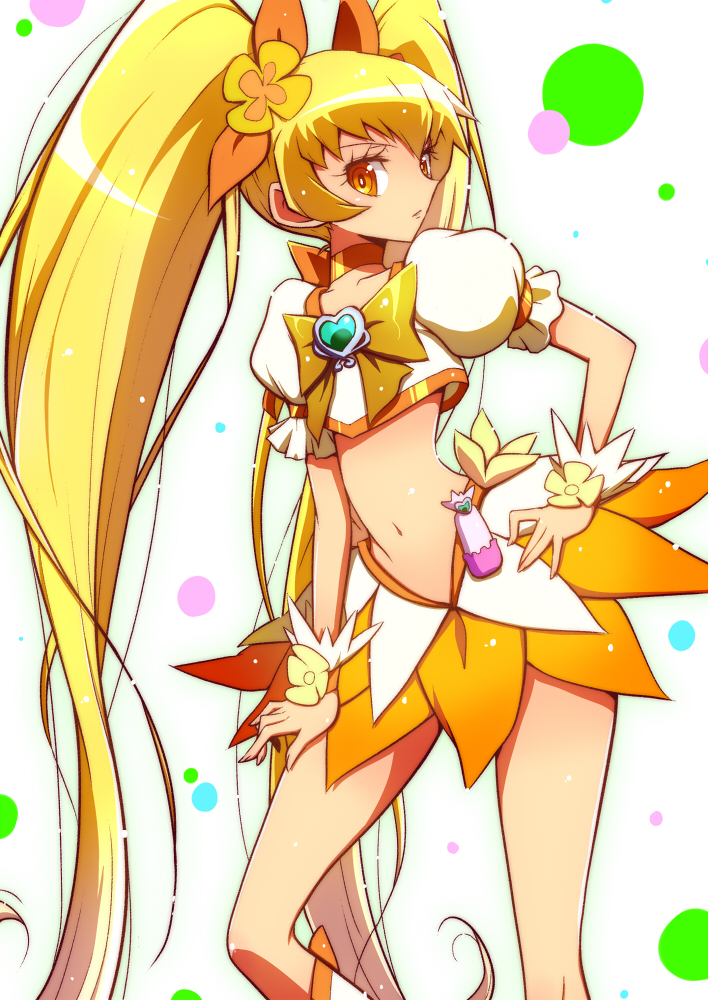 blonde_hair boots bow choker cure_sunshine hair_ribbon hand_on_hip heartcatch_precure! knee_boots long_hair looking_at_viewer magical_girl midriff myoudouin_itsuki navel orange_bow orange_choker orange_skirt precure ribbon shirono skirt solo twintails wrist_cuffs yellow_bow yellow_eyes