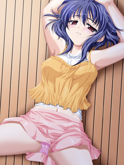 1girl bed blue_hair brown_eyes game_cg katsura_tomoe maaya_(shimai_don) shimai_don~shirudaku_de~