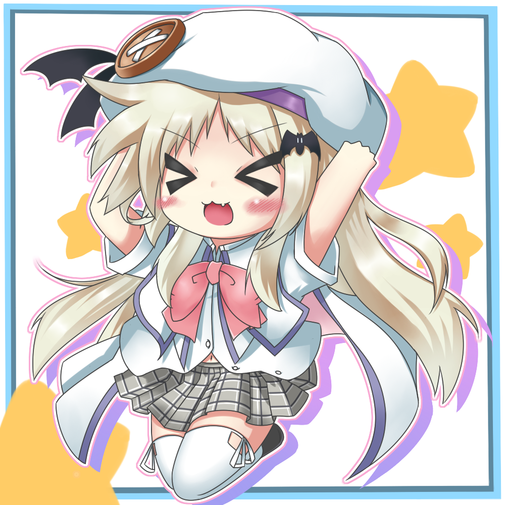 &gt;_&lt; :3 blush_stickers bow cape chibi closed_eyes fang hat little_busters! long_hair noumi_kudryavka peta_(taleslove596) pink_bow school_uniform thighhighs
