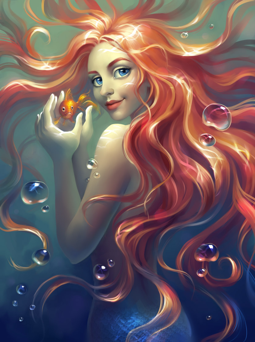 blue_eyes bubble bubbles disney elena_berezina fish goldfish hair little_mermaid marine mermaid red_hair scales underwater water