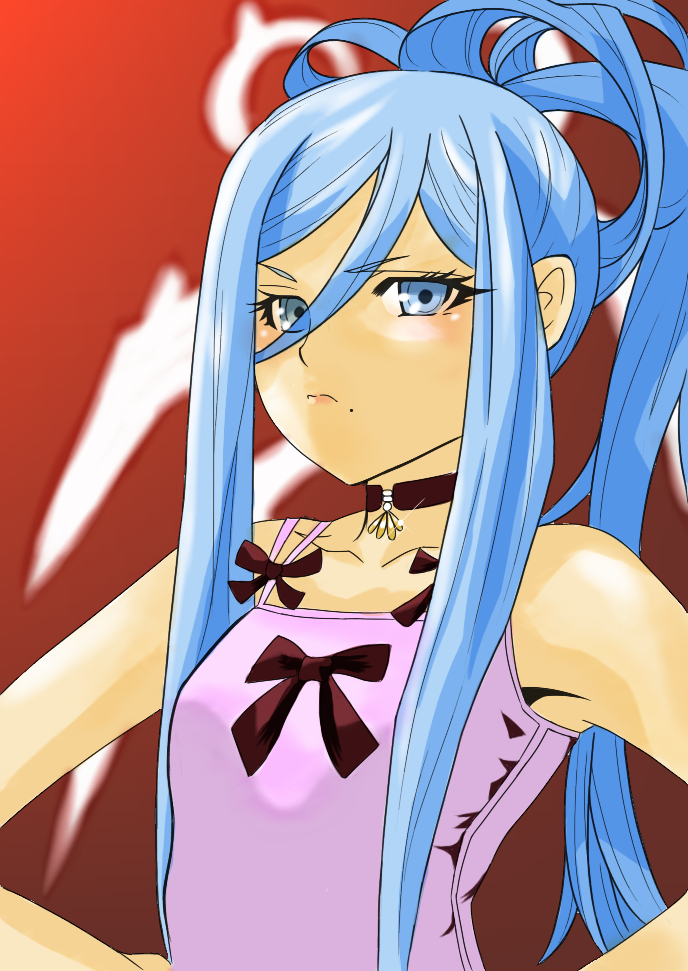 aoki_hagane_no_arpeggio blue_eyes blue_hair blush choker frown long_hair mole mole_under_mouth needless1 personification ponytail solo takao_(aoki_hagane_no_arpeggio)