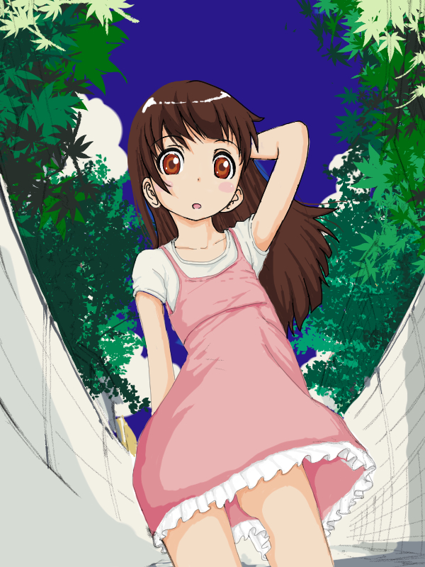 arm_behind_head arm_up brown_eyes brown_hair commentary_request day higashi_tarou long_hair original outdoors pink_skirt skirt solo wind wind_lift