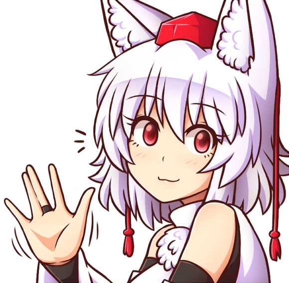 1girl :3 \||/ animal_ear_fluff animal_ears bangs bare_shoulders black_gloves breasts bridal_gauntlets commentary commission elbow_gloves eyebrows_visible_through_hair eyelashes gloves hair_between_eyes hand_up hat inubashiri_momiji looking_at_viewer medium_breasts pom_pom_(clothes) portrait red_eyes shirt short_hair silver_hair simple_background smile solo symbol_commentary tassel tokin_hat touhou waving white_background white_shirt wolf_ears wool_(miwol)