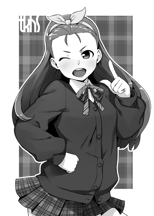 blush cardigan greyscale hairband hand_on_hip idolmaster idolmaster_(classic) long_hair looking_at_viewer minase_iori monochrome one_eye_closed open_mouth plaid plaid_skirt skirt smile solo tkhs