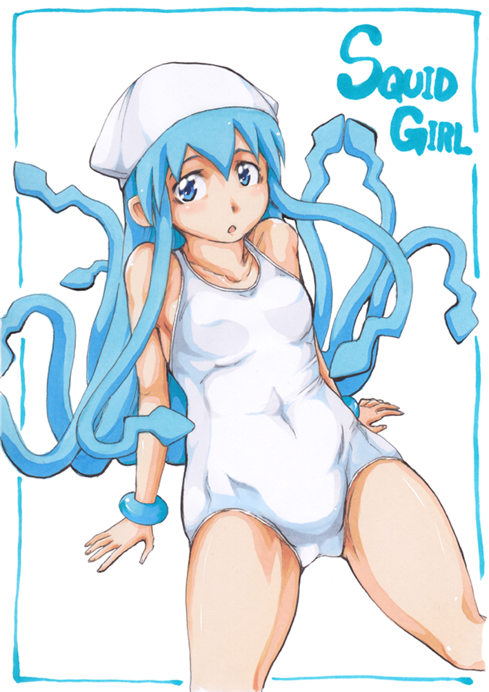 blue_eyes blue_hair fukuitakumi hat ikamusume long_hair one-piece_swimsuit shinryaku!_ikamusume swimsuit tentacle_hair