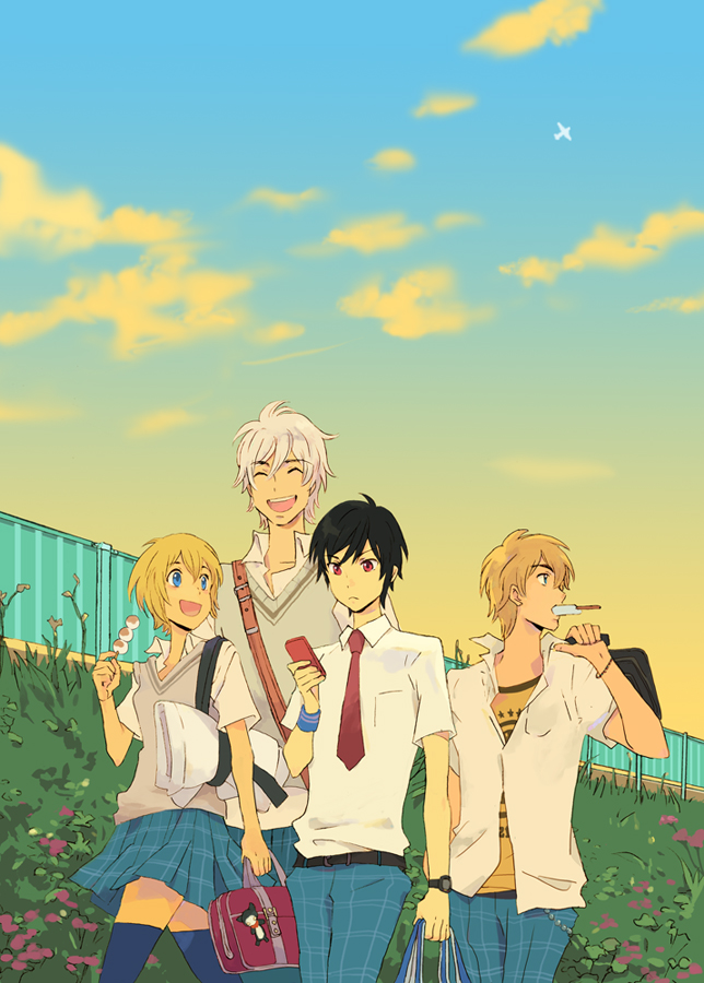 3boys bag black_hair blonde_hair blue_eyes brown_hair cellphone closed_eyes dango dougi eury_evans food machika_balfaltin meteor_methuselah multiple_boys ozaki_kaori phone popsicle rain_jewlitt red_hair school_uniform short_hair silver_hair smile wagashi yuca_collabel