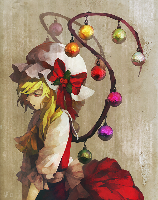 alternate_wings arlmuffin blonde_hair christmas christmas_lights christmas_ornaments closed_mouth commentary dress flandre_scarlet hat long_hair looking_away necktie red_eyes ribbon solo touhou v_arms wings