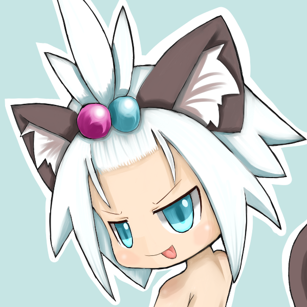 :p animal_ears antenna_hair cat_ears close-up face hair_bobbles hair_ornament homika_(pokemon) looking_at_viewer looking_back nude outline pokemon pokemon_(game) pokemon_bw2 poponaref short_hair simple_background smile solo spiked_hair tail tongue tongue_out tsurime v-shaped_eyebrows white_background white_hair