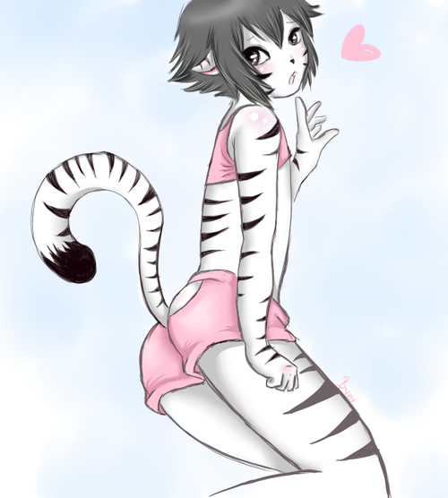 &lt;3 clothing crossdressing cyberlolli feline girly looking_at_viewer male raised_tail shorts solo tiger white_tiger