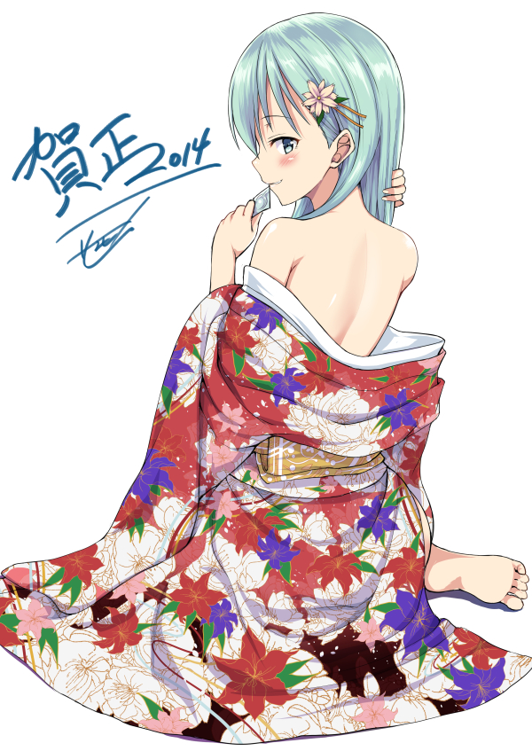 2014 aqua_eyes aqua_hair back bare_shoulders barefoot blush condom condom_in_mouth floral_print flower full_body hair_flower hair_ornament hair_over_shoulder hairclip japanese_clothes kantai_collection kimono long_hair looking_at_viewer looking_back mouth_hold naughty_face off_shoulder saemon_(tonpura) signature simple_background solo suzuya_(kantai_collection) white_background