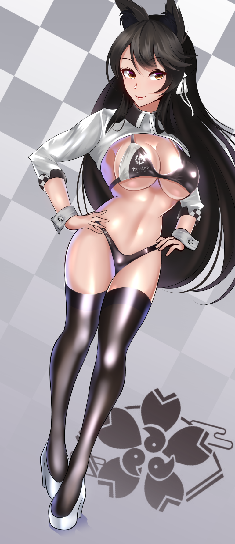 1girl animal_ears atago_(azur_lane) azur_lane bangs bikini black_legwear breasts brown_eyes checkered checkered_background commentary_request extra_ears full_body hands_on_hips high_heels highres large_breasts looking_at_viewer mole mole_under_eye race_queen ribbon shrug_(clothing) smile solo standing swept_bangs swimsuit thighhighs two-tone_bikini volyz white_footwear white_ribbon wolf_ears wrist_cuffs