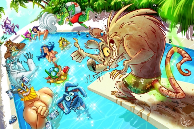 &gt;:) ahri alcohol amumu annie bear beer_helmet beverage bikini blonde_hair brown_hair canine cho'gath clouds crocodile d: diving_board eyewear ezreal fish fizz flies floatie foliage fox fur goggles hair human irelia league_of_legends lifeguard marine mummy muscles olaf palm_tree pink_hair poro rammus rat renekton reptile rodent scalie scared sky smelly sparkling swimming_pool thumbs_up tibbers twitch undead volibear water_balloon water_noodle whistle white_fur ziggs