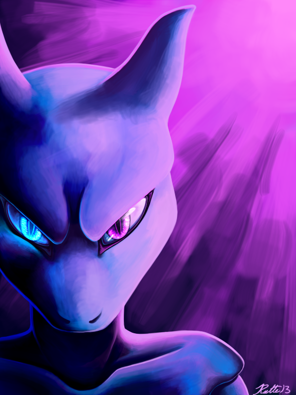 abstract_background ambiguous_gender looking_at_viewer mewtwo nintendo pok&#233;mon pok&eacute;mon purple_eyes ratte solo video_games