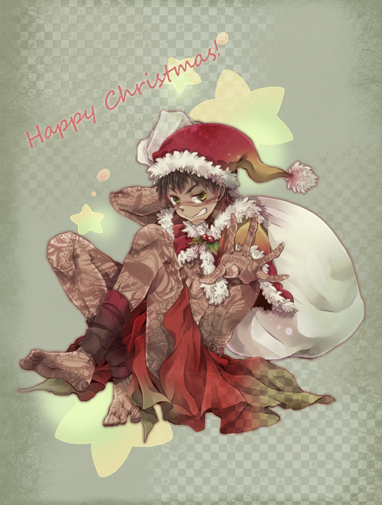 avenger barefoot black_hair dark_skin dark_skinned_male fate/hollow_ataraxia fate_(series) full_body_tattoo hat male_focus sack santa_hat shirtless solo tattoo toroakikan yellow_eyes