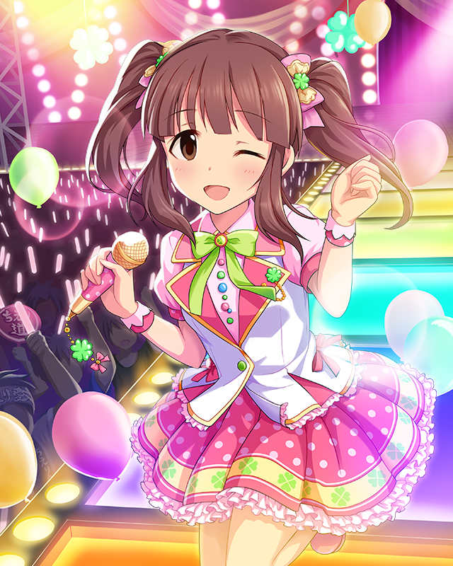 ;d audience balloon blush brown_hair glowstick idol idolmaster idolmaster_cinderella_girls jpeg_artifacts looking_at_viewer microphone ogata_chieri one_eye_closed open_mouth polka_dot_skirt skirt sleeveless_blazer smile stage stage_lights twintails