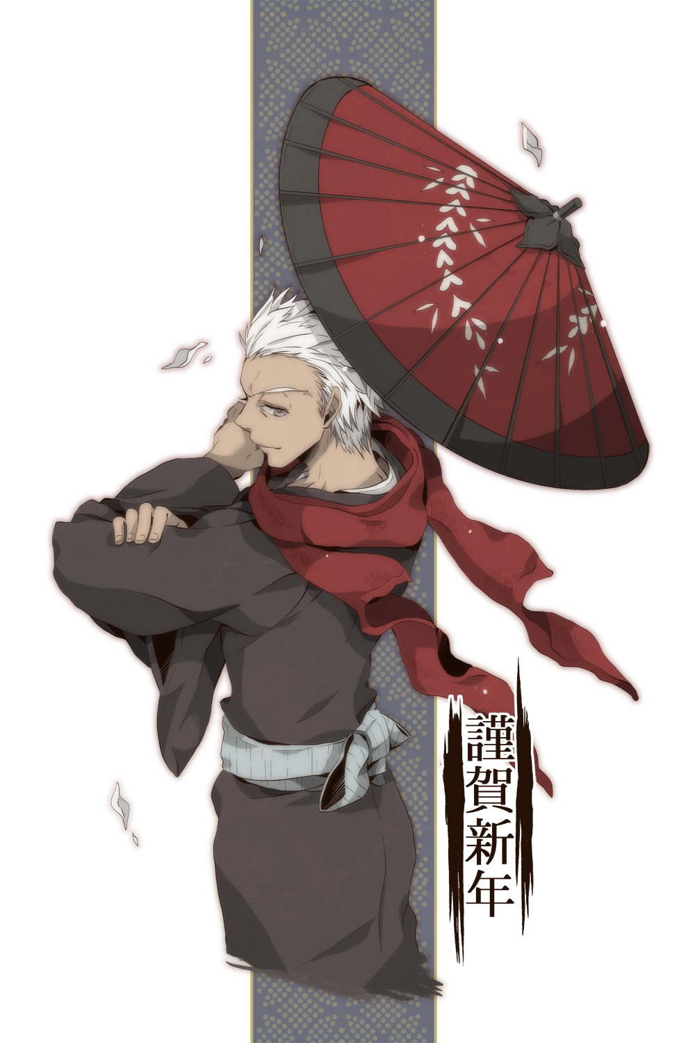 archer dark_skin dark_skinned_male fate/stay_night fate_(series) highres japanese_clothes kimono male_focus parasol red_scarf scarf solo toroakikan umbrella white_hair