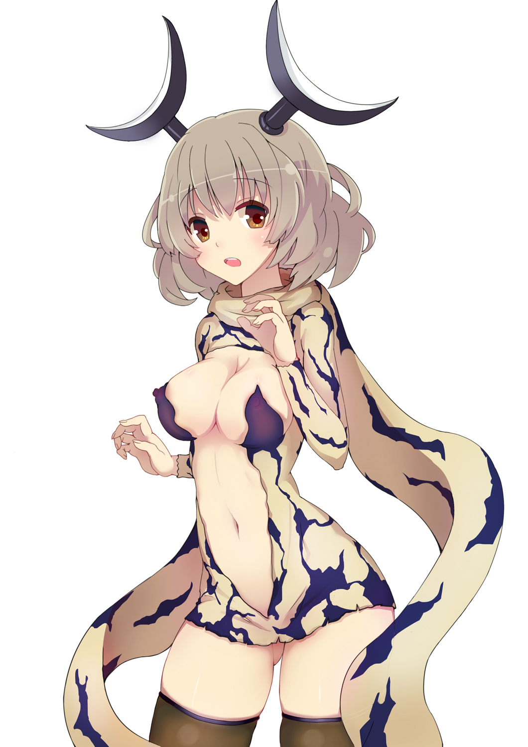 ass_visible_through_thighs black_legwear breasts brown_hair covered_nipples eleking highres horns large_breasts looking_at_viewer md5_mismatch navel nipples open_mouth personification qin revision scarf short_hair simple_background solo thighhighs ultra_kaijuu_gijinka_keikaku ultra_series white_background yellow_eyes