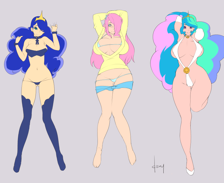 3girls barefoot bikini blue_eyes blue_hair breasts celestia_(my_little_pony) curvy doxy fluttershy green_eyes green_hair huge_breasts large_breasts long_hair luna_(my_little_pony) multicolored_hair multiple_girls my_little_pony my_little_pony_friendship_is_magic personification pink_hair princess_celestia princess_luna purple_eyes swimsuit wide_hips