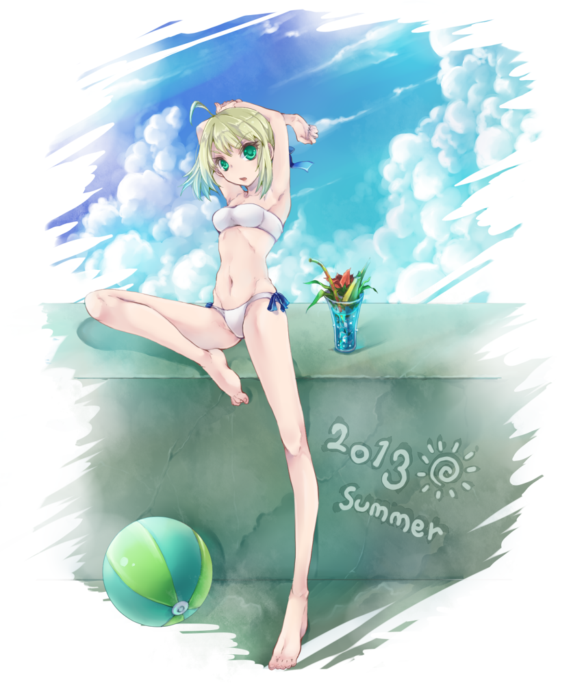 ahoge artoria_pendragon_(all) ball barefoot beachball bikini blonde_hair blue_hawaii fate/stay_night fate_(series) full_body green_eyes saber short_hair solo standing standing_on_one_leg stretch summer swimsuit toroakikan tropical_drink