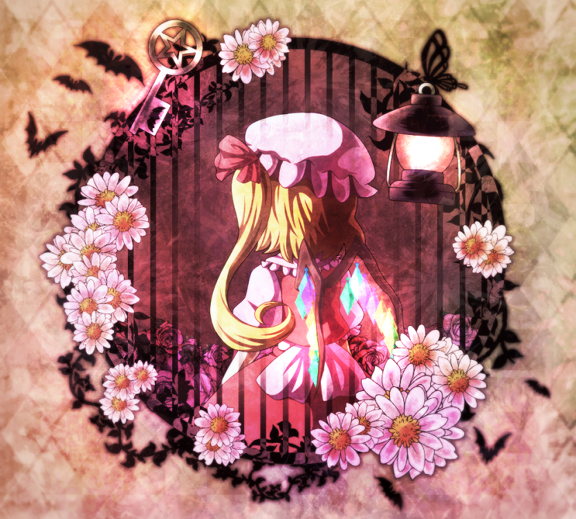 argyle argyle_background bad_id bad_pixiv_id bat blonde_hair bow bug butterfly flandre_scarlet flower from_behind hat insect key lamp mob_cap nashitaruto pink_flower pink_rose plant puffy_short_sleeves puffy_sleeves rose short_hair short_sleeves side_ponytail skirt skirt_set solo touhou vines wings