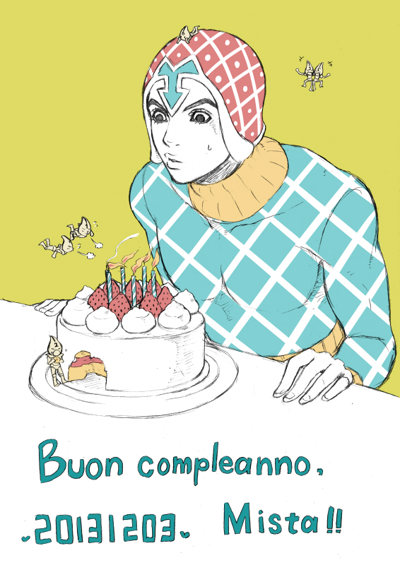 argyle argyle_sweater birthday birthday_cake black_eyes blowing cake candle chounorin dated flat_color food guido_mista happy_birthday hat heart italian jojo_no_kimyou_na_bouken limited_palette lips male_focus parted_lips plate sex_pistols_(stand) simple_background stand_(jojo) sweat sweater translated