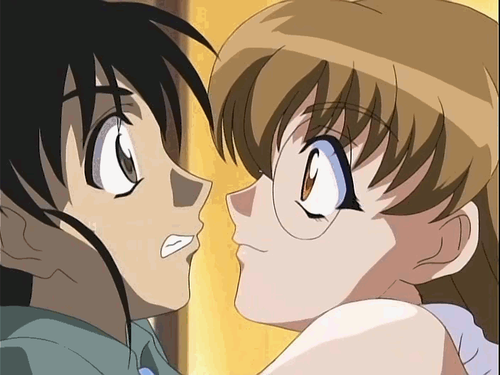 1boy 1girl 90s animated animated_gif apron breast_on_chest breast_press breasts brown_eyes brown_hair character_request fall glasses hakusensha kuribayashi_yayoi large_breasts mouse_(anime) muon_sorata naked_apron