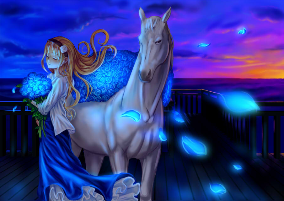 blonde_hair blue_flower blue_rose bouquet closed_eyes cloud dress flower glowing hairband horse long_hair original petals rose ryuushiro sky sunset