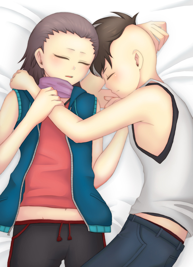 2boys bed bed_sheet blush brown_hair character_request child eyes_closed fudou_akio henmi_wataru inazuma_eleven inazuma_eleven_(series) indoors long_hair male male_focus mohawk multiple_boys open_mouth pants scarf shirt short_hair sleeping sleeveless sleeveless_shirt vest xverx
