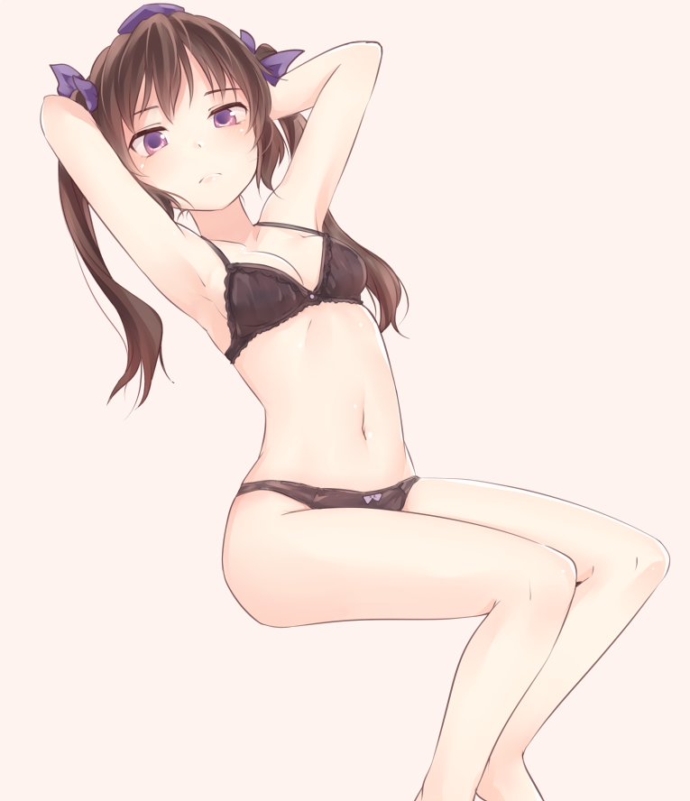 1girl armpits arms_behind_head arms_up bangs bare_arms bare_legs bare_shoulders barefoot beige_background black_bra black_panties blush bow bow_panties bra breasts brown_hair collarbone commentary_request feet_out_of_frame hair_bow hat himekaidou_hatate invisible_chair long_hair looking_at_viewer medium_breasts miyo_(ranthath) navel panties purple_bow purple_eyes simple_background sitting solo stomach thighs tokin_hat touhou twintails underwear