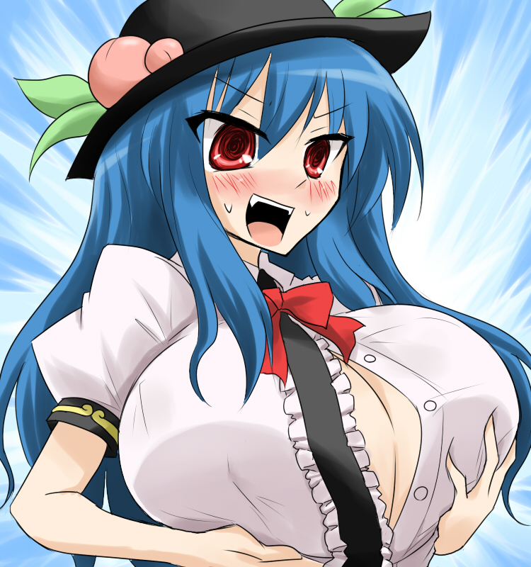 :d @_@ blue_hair blush breast_lift breasts bursting_breasts cleavage food fruit hat hinanawi_tenshi huge_breasts long_hair open_mouth oro_(zetsubou_girl) paizuri_invitation peach red_eyes smile solo sweat touhou v-shaped_eyebrows